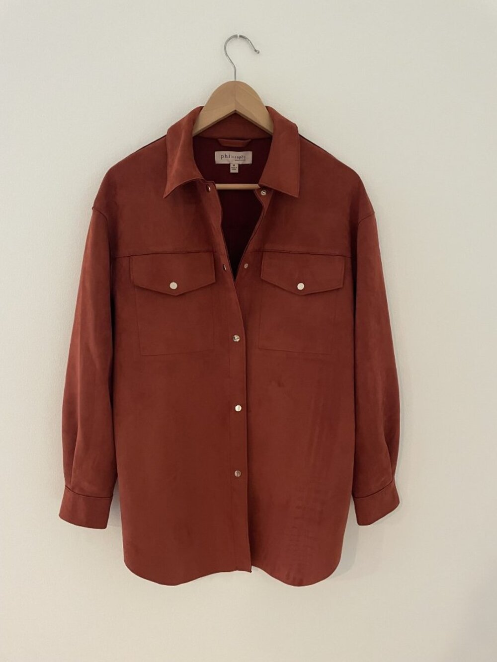 Philosophy women's Faux Suede Shacket size M, Rust color, snap closure